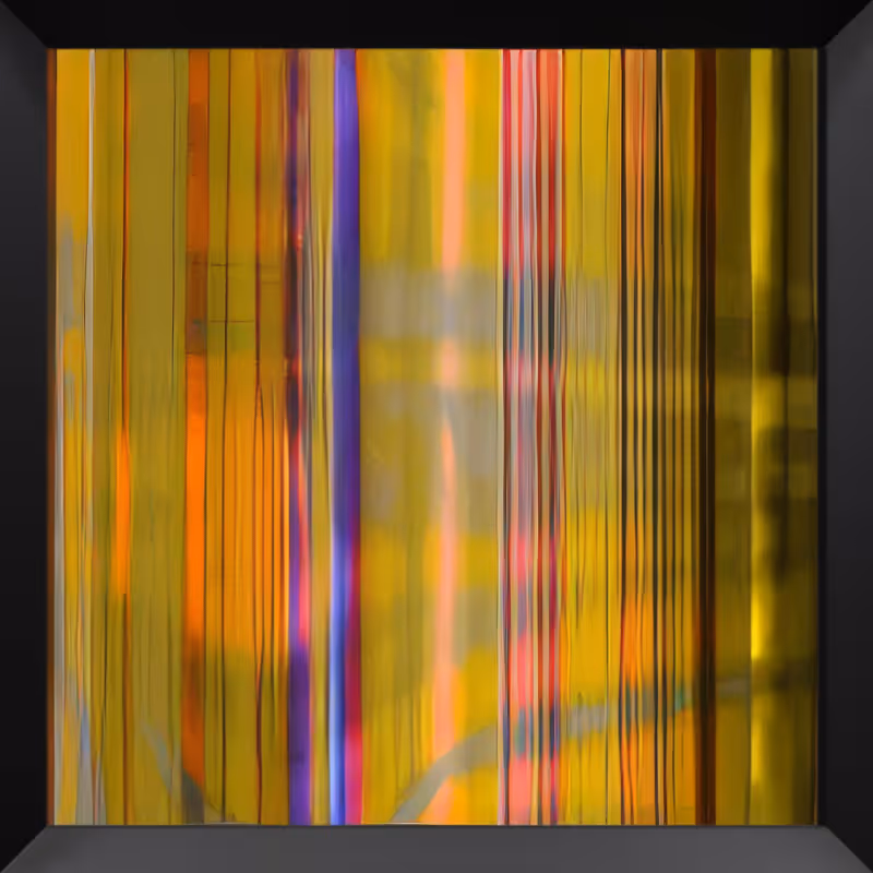 Abstraktes Bild mit vertikalen Linien in Gelb-, Orange-, Rot- und Blautönen, umrahmt von schwarzem Rand.