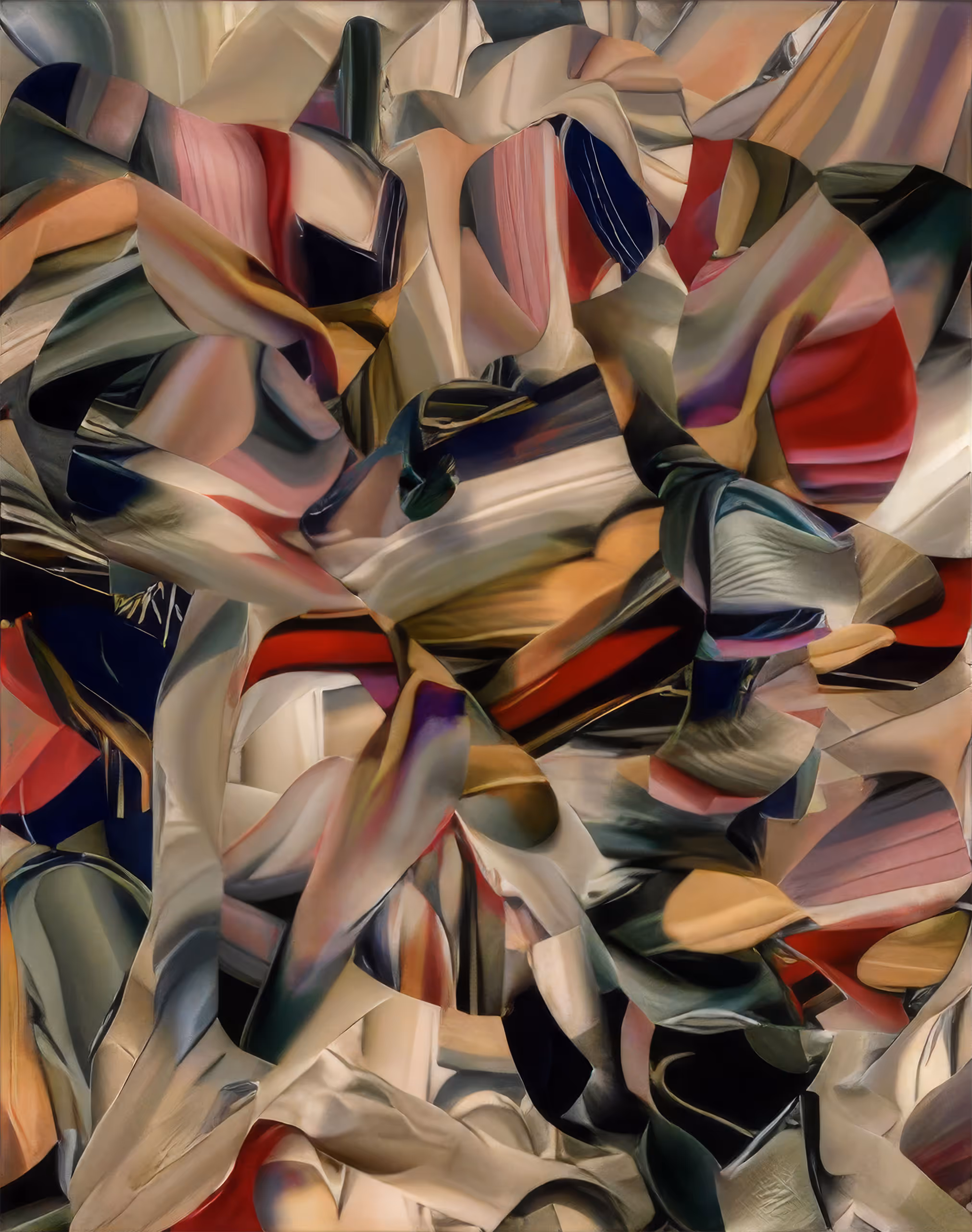 Abstraktes digitales Kunstwerk mit ineinander verschlungenen, fließenden Formen in Beige-, Schwarz-, Rot- und Blautönenvon Martina Ziegler