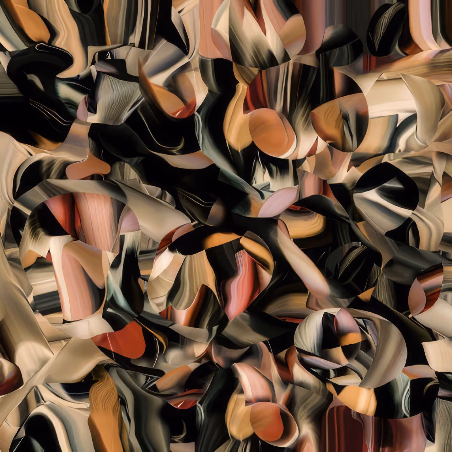 Abstraktes Kunstwerk mit verschlungenen, geschwungenen Formen in Schwarz, Beige, Braun und Rot.