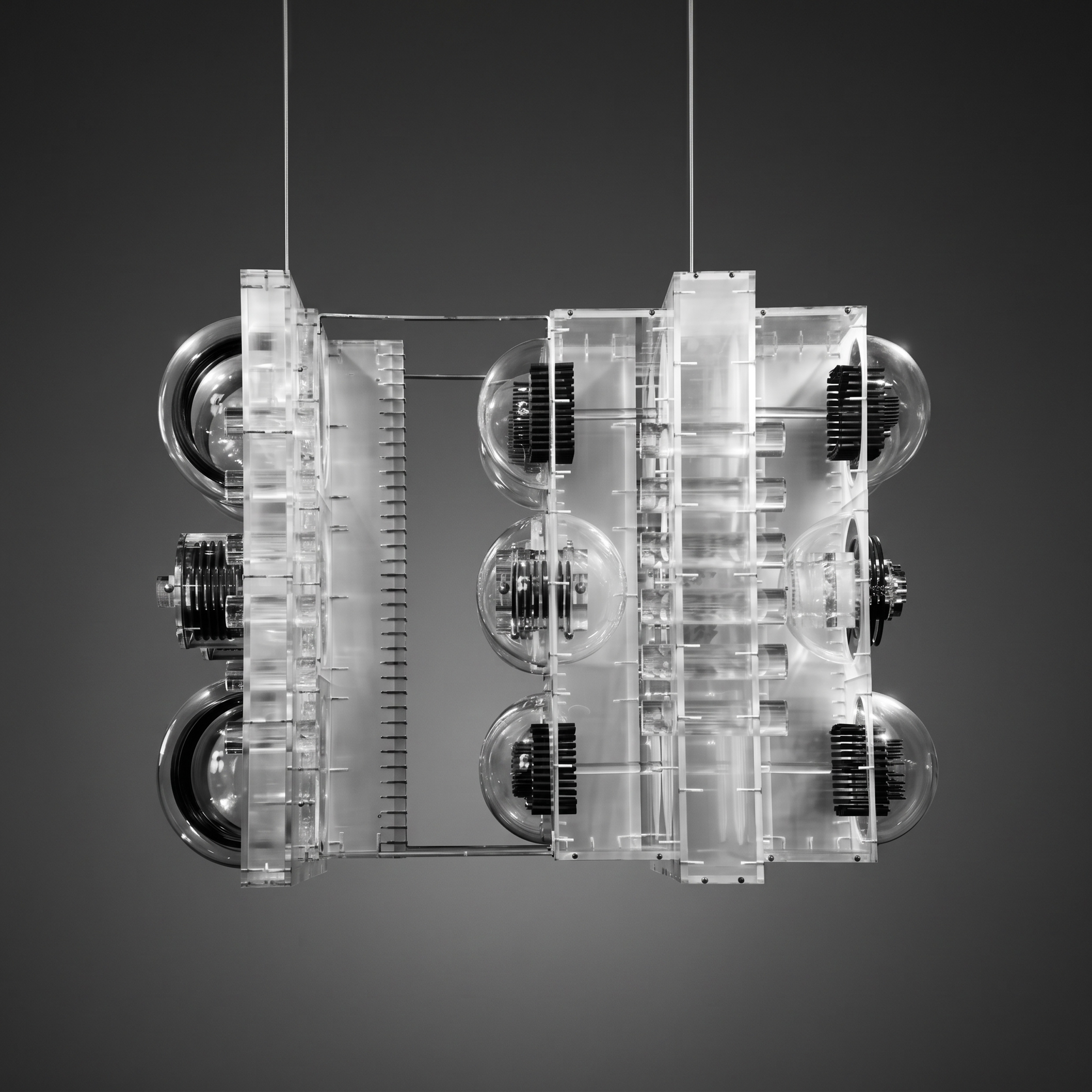 Schwebende transparente Acrylglas-Skulptur mit runden und gestapelten Elementen vor grauem Hintergrund.