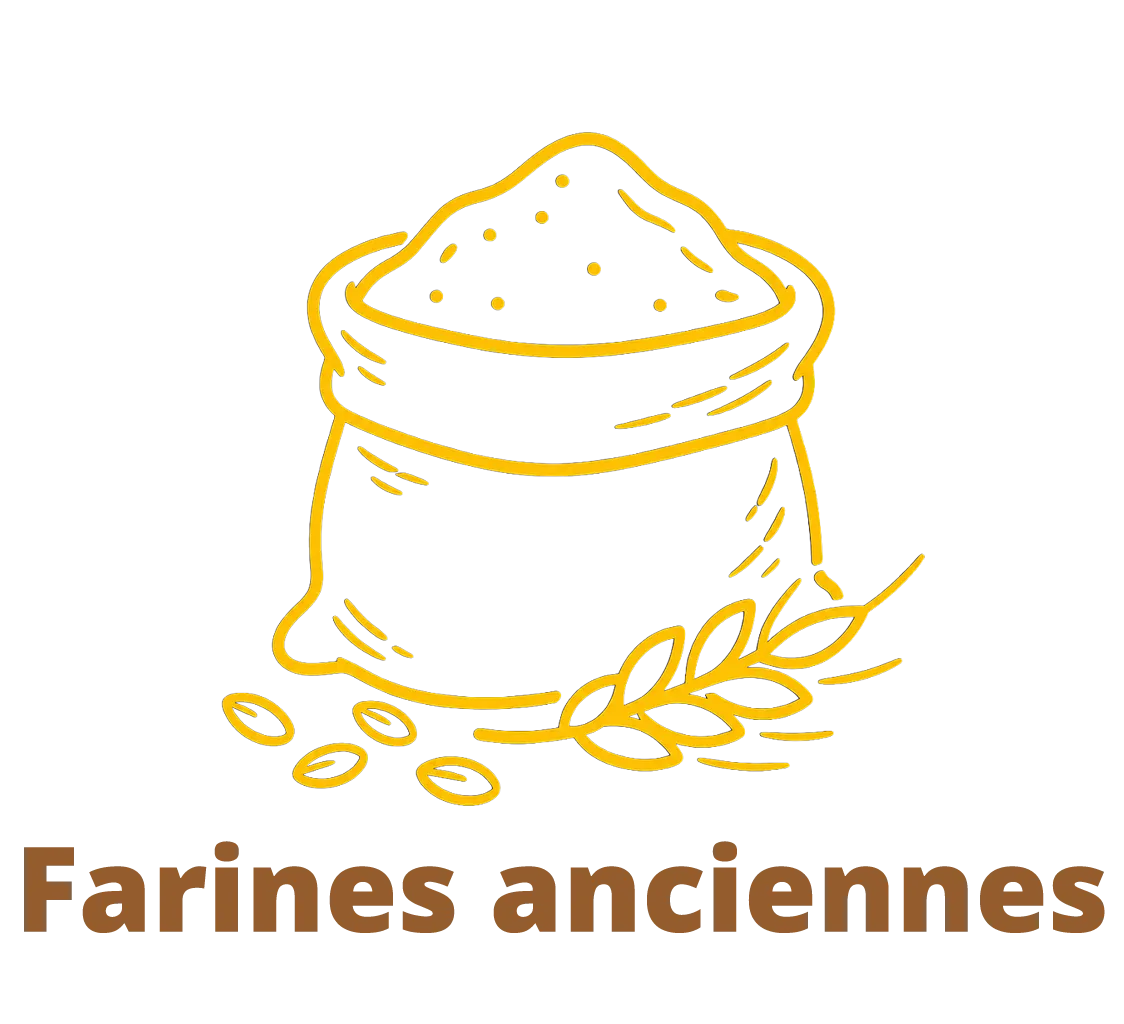 Sac de farine avec une petite cuillère, épi de blé à côté, encadré dans un cercle avec le texte 'Farines anciennes'.