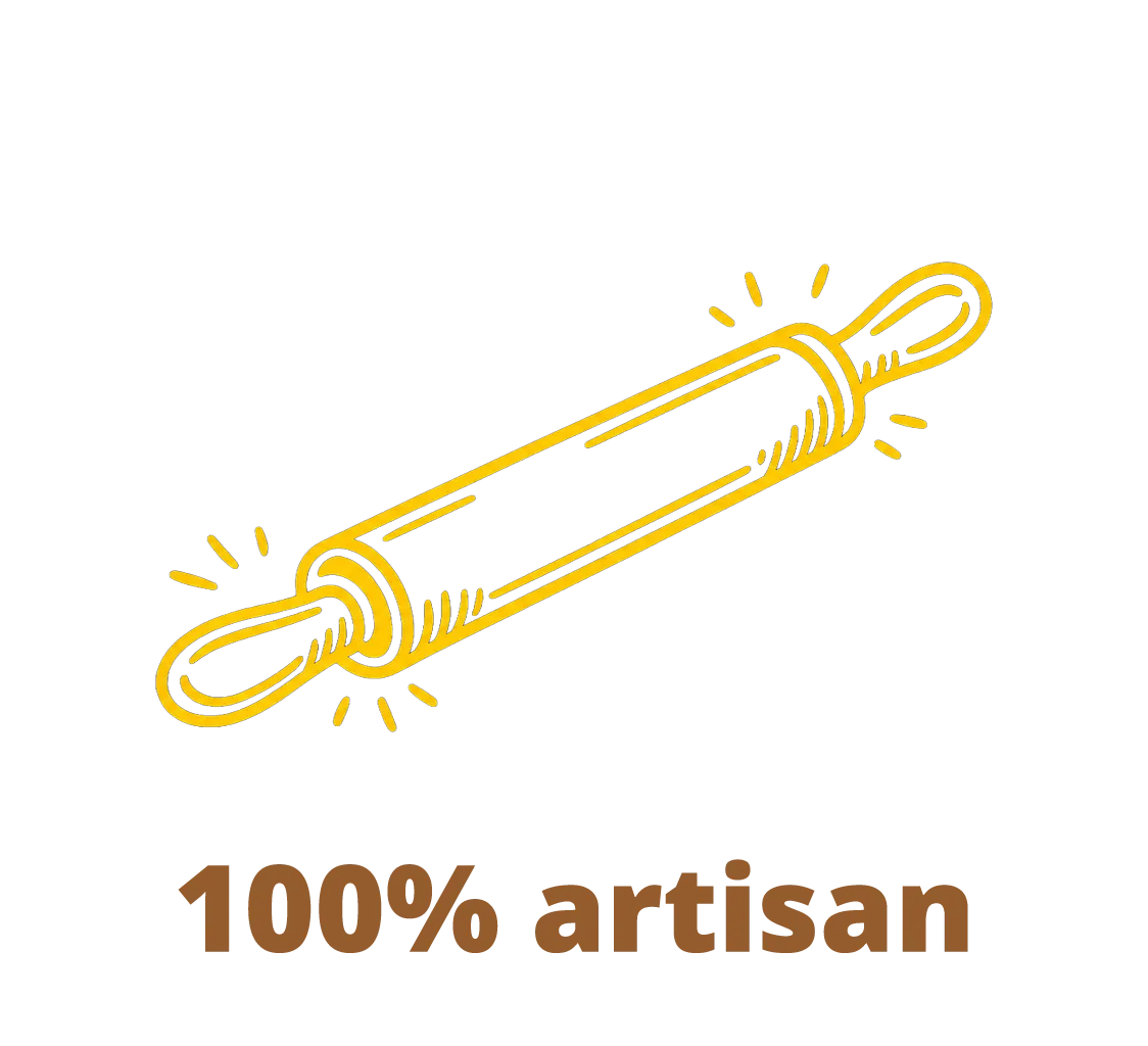 Icône de fouet de cuisine entouré d'un cercle avec le texte « 100% artisan » en dessous.