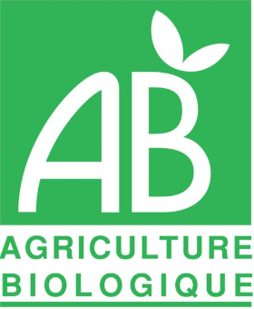 Logo AB avec une feuille, symbolisant Agriculture Biologique en blanc sur fond vert.