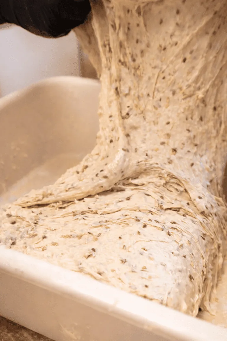 Une pâte à pain riche en graines est étirée au-dessus d'une grande cuve blanche.