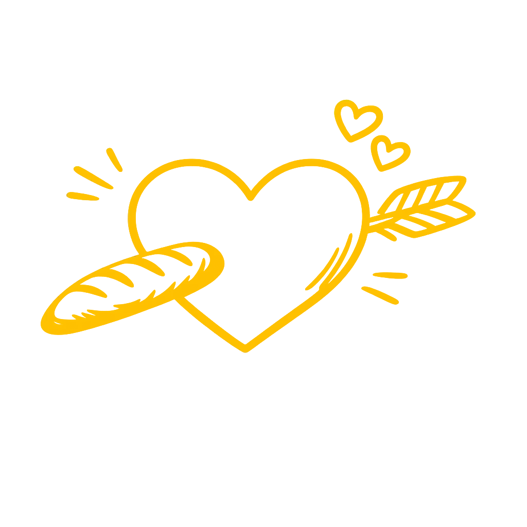 Un dessin au néon jaune d'un cœur transpercé par une baguette avec deux petits cœurs à côté.