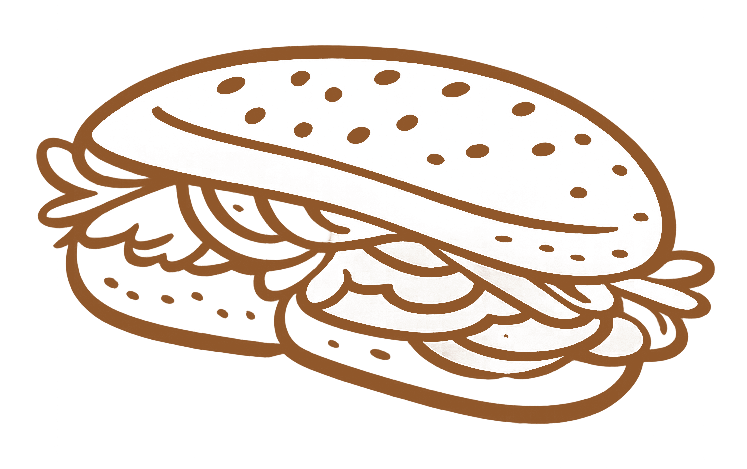 Dessin stylisé d'un sandwich avec du pain, des tranches d'oignon et de la laitue.