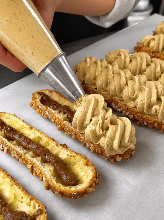 Un doigt de pâte à choux avec crème au chocolat et une main ajoutant de la crème au café en pâtisserie.
