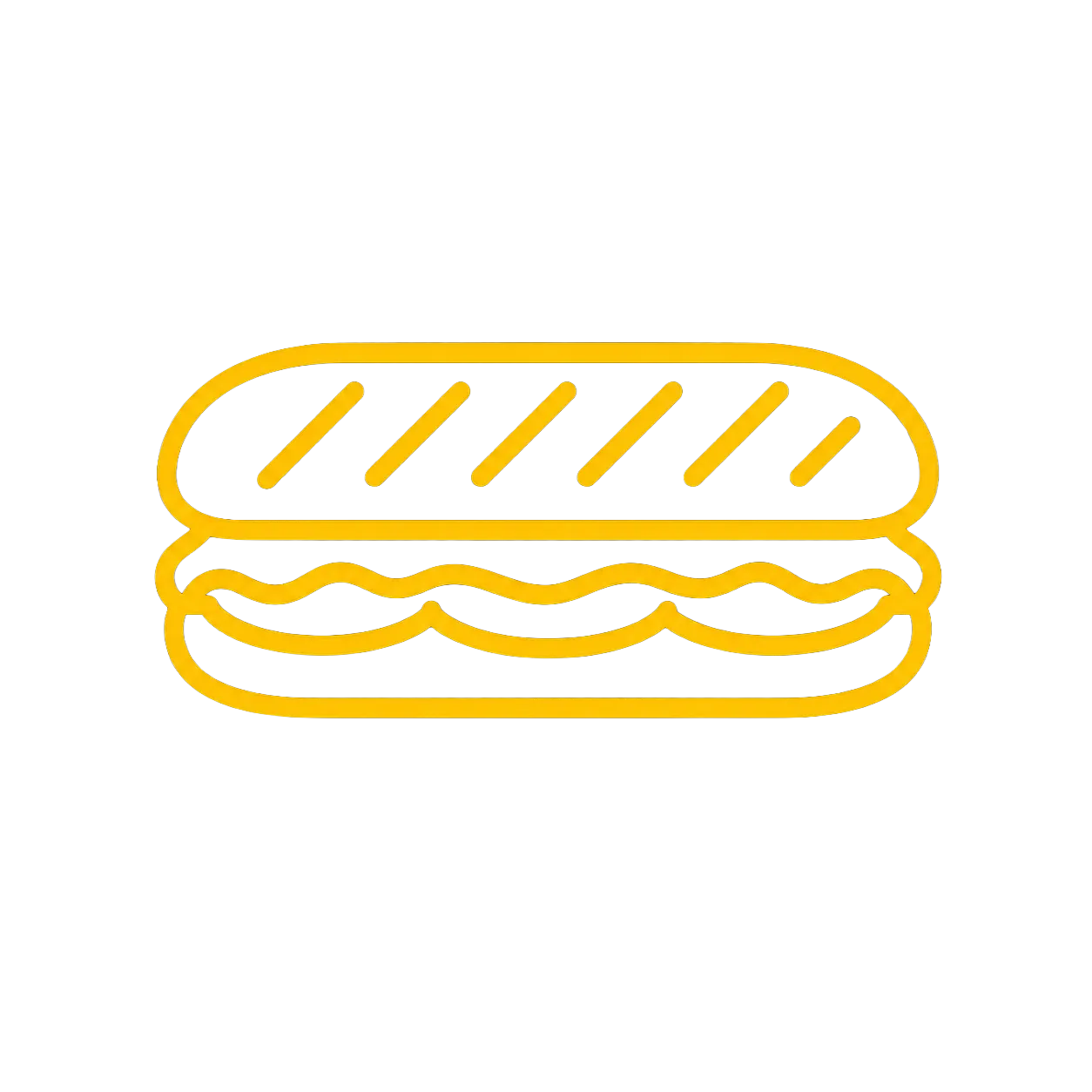 Icône jaune d'un sandwich panini avec des lignes grillées sur un fond noir.