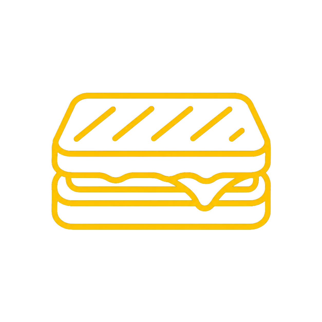 Icône jaune d'un sandwich grillé au fromage fondant sur fond noir.