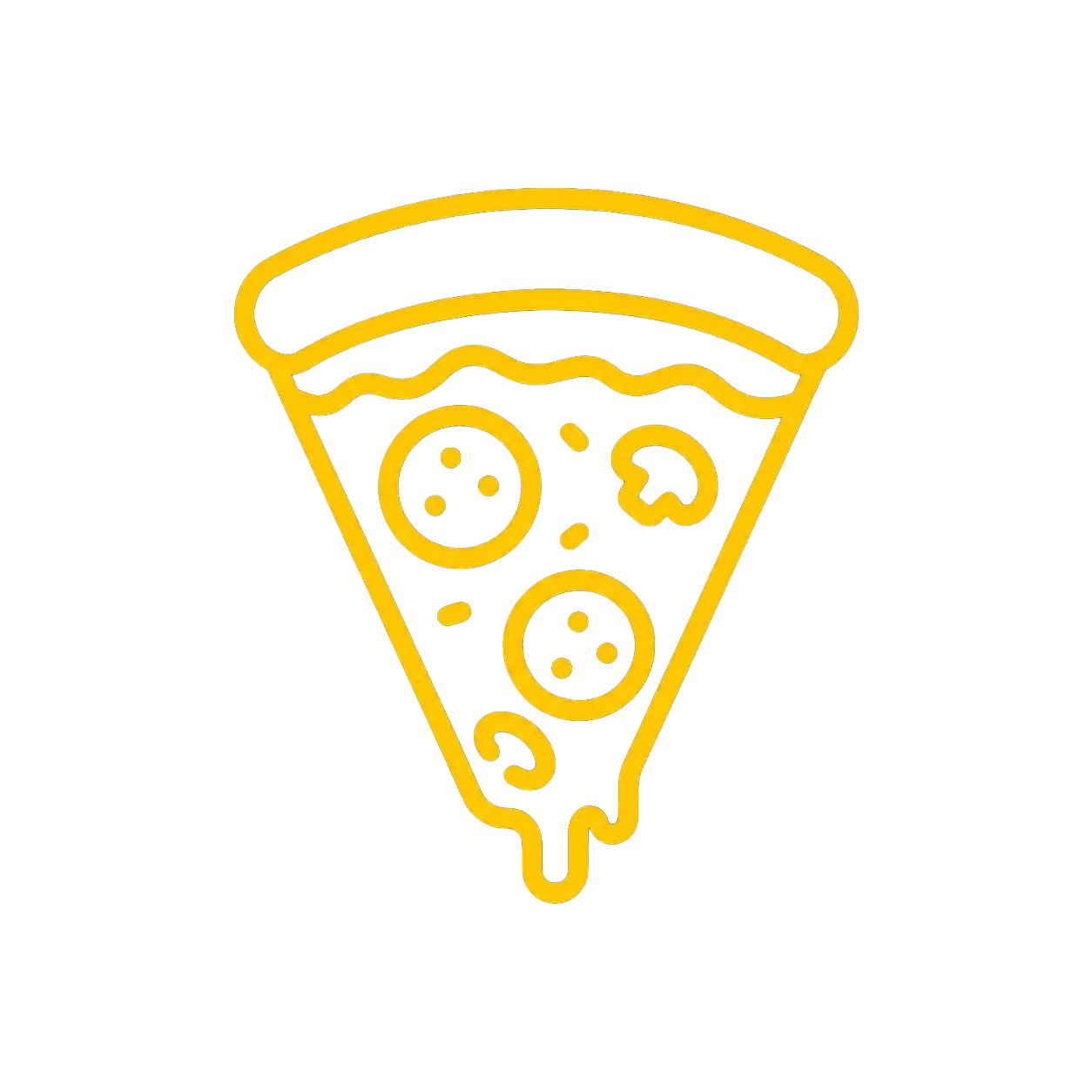 Icône jaune d'une tranche de pizza avec pepperoni, champignons et fromage fondant.