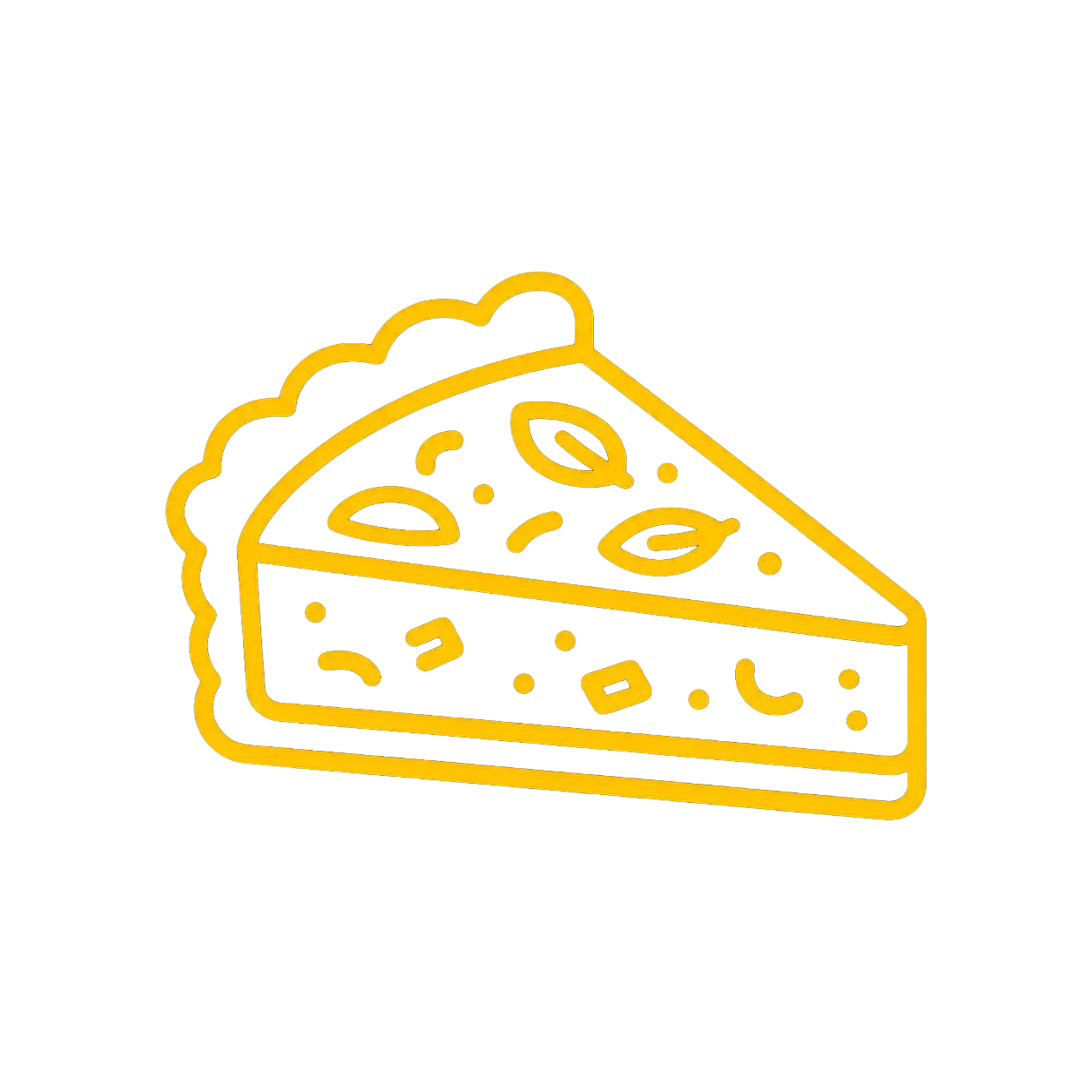 Icône jaune d'une part de quiche avec des motifs et une croûte ondulée.