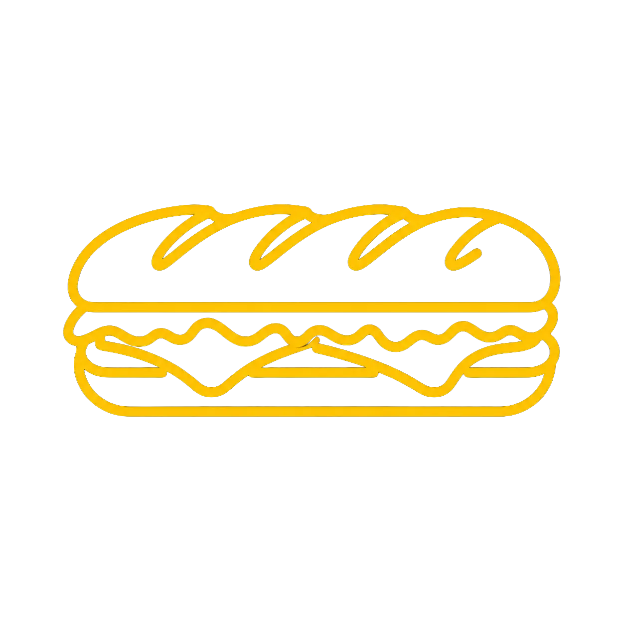 Icône néon jaune d'un sandwich baguette avec garniture visible sur fond noir.