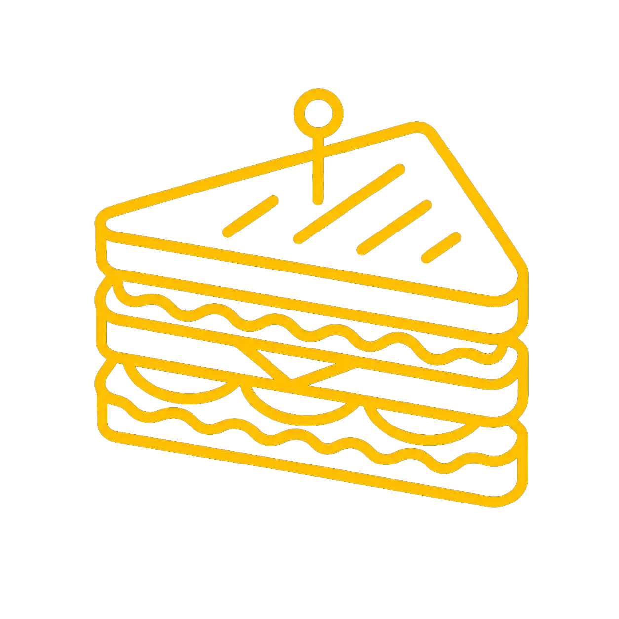 Icône jaune d'un sandwich club à trois étages avec une pique sur fond noir.