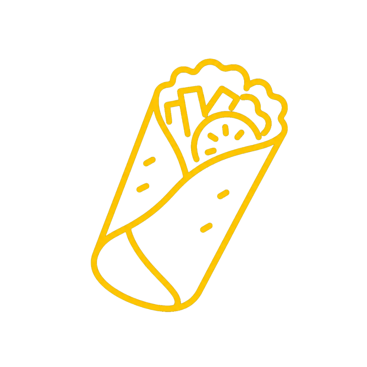 Icône jaune d'un wrap avec légumes visibles sur fond noir.