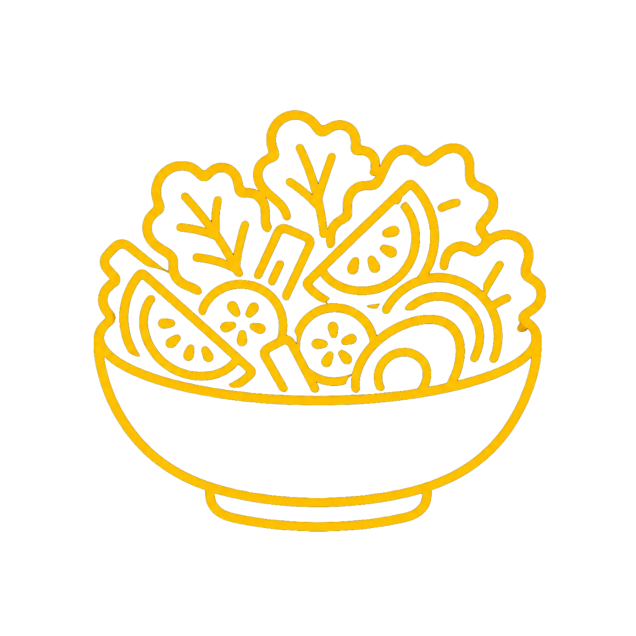 Icône de salade dans un bol avec des feuilles, tranches de tomates, concombres et oignons.