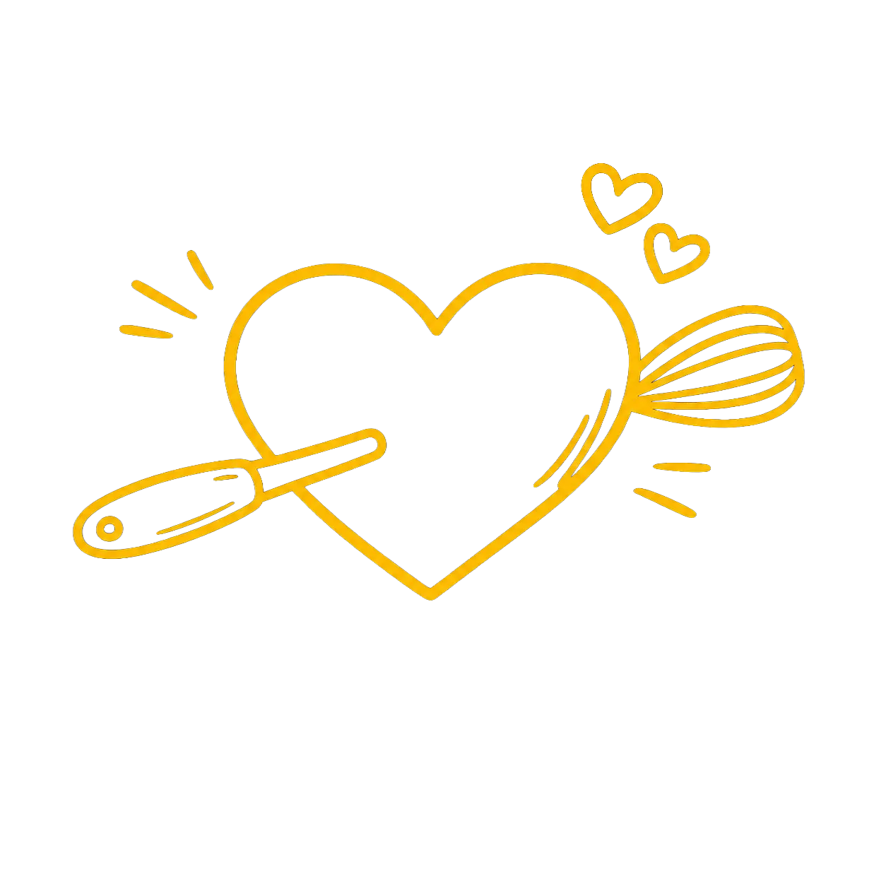 Illustration d'un cœur avec un fouet et une spatule, symbolisant la pâtisserie et l'amour.