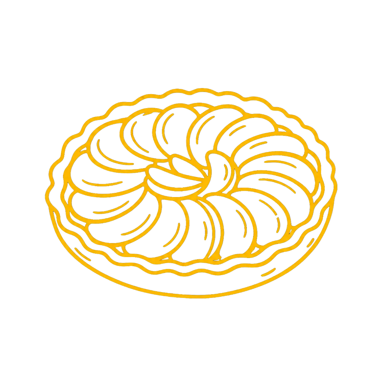 Icône jaune d'une tarte aux fruits finement tranchés sur fond noir.