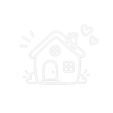 Dessin simple d'une maison avec cheminée, deux fenêtres, porte et cœurs autour.