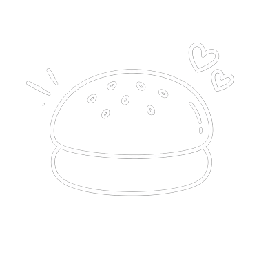 Illustration en blanc sur fond noir d'un hamburger avec graines de sésame et deux cœurs.