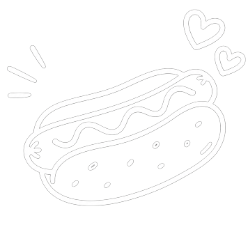 Dessin au trait blanc d'un hot-dog avec deux cœurs et des lignes décoratives sur fond noir.