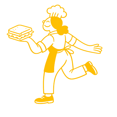 Personnage jaune stylisé avec toque et tablier tenant un sandwich en équilibre sur une jambe.