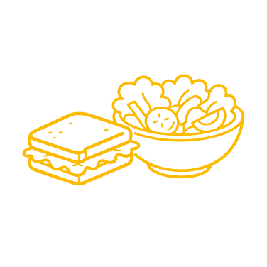 Icône jaune d'un sandwich et d'un bol de salade avec légumes tranchés.