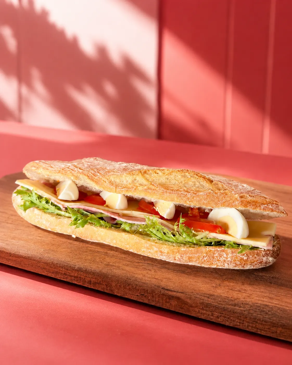 Baguette garnie de salade, tomates, œufs durs, fromage et jambon, posée sur une planche en bois.