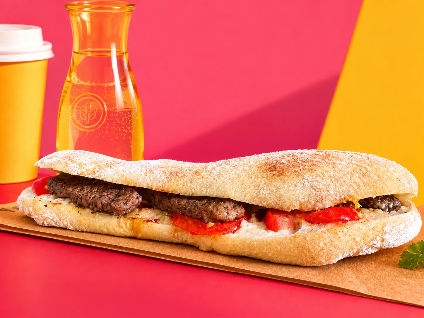 Sandwich panini avec steak et légumes grillés sur planche en bois avec boisson à côté.