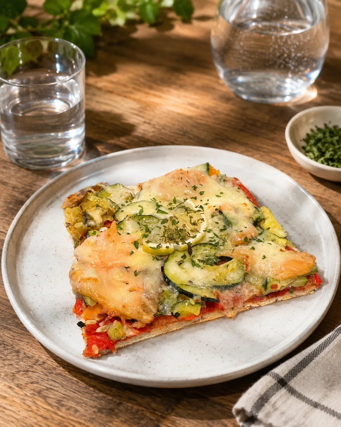 Tranche de pizza aux légumes avec fromage fondu sur une assiette blanche, servie sur une table en bois.