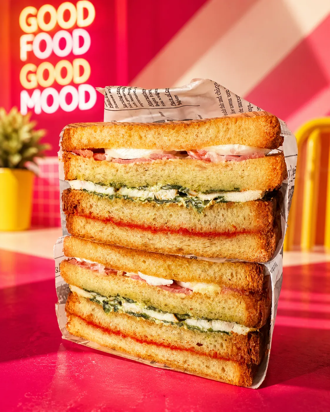 Sandwichs empilés avec pain grillé, fromage, pesto, et jambon sur table rose vif.