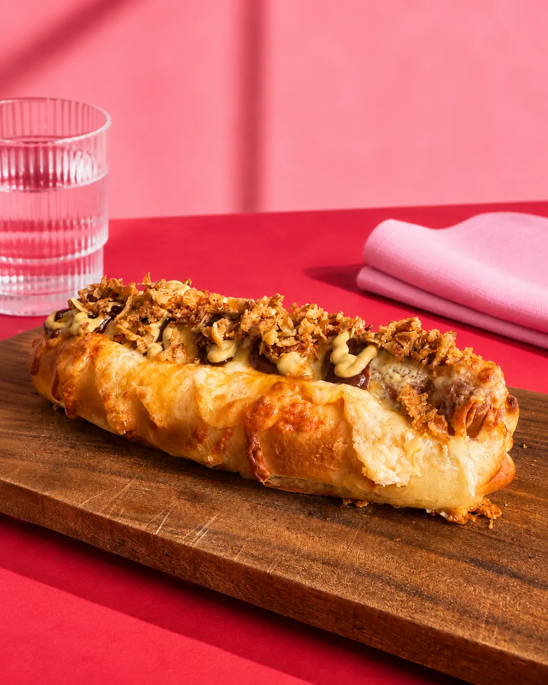 Hot dog au fromage fondu, sauce moutarde et oignons croustillants sur planche en bois.