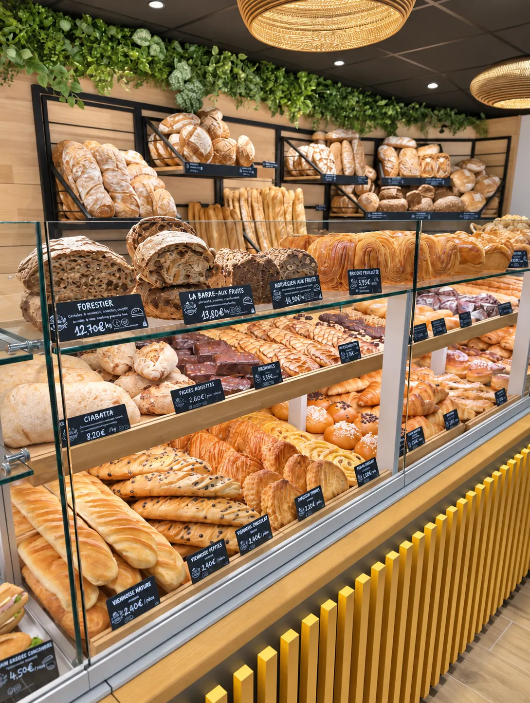 Vitrine de boulangerie avec une grande variété de pains et pâtisseries, incluant baguettes, ciabatta, brownies, et viennoiseries, avec des étiquettes de prix et des étagères décorées de plantes vertes en arrière-plan.