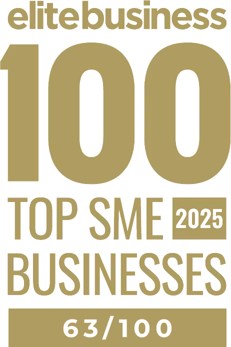 Elite Business 100 Top SME Businesses 2025 badge with rank 63/100.