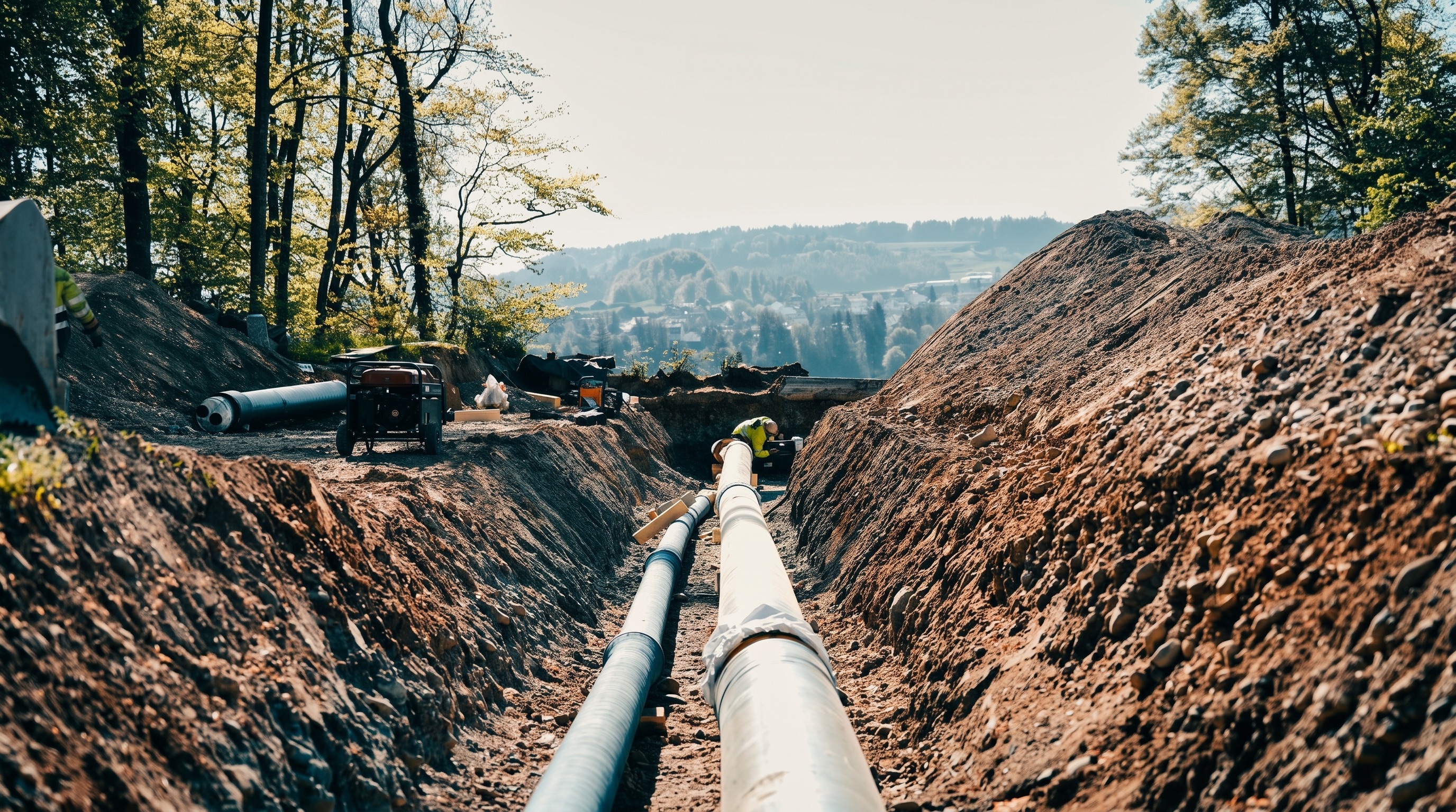 Baustelle mit zwei großen Rohren in einem gegrabenen Graben, Arbeiter in Sicherheitskleidung vor Bäumen.