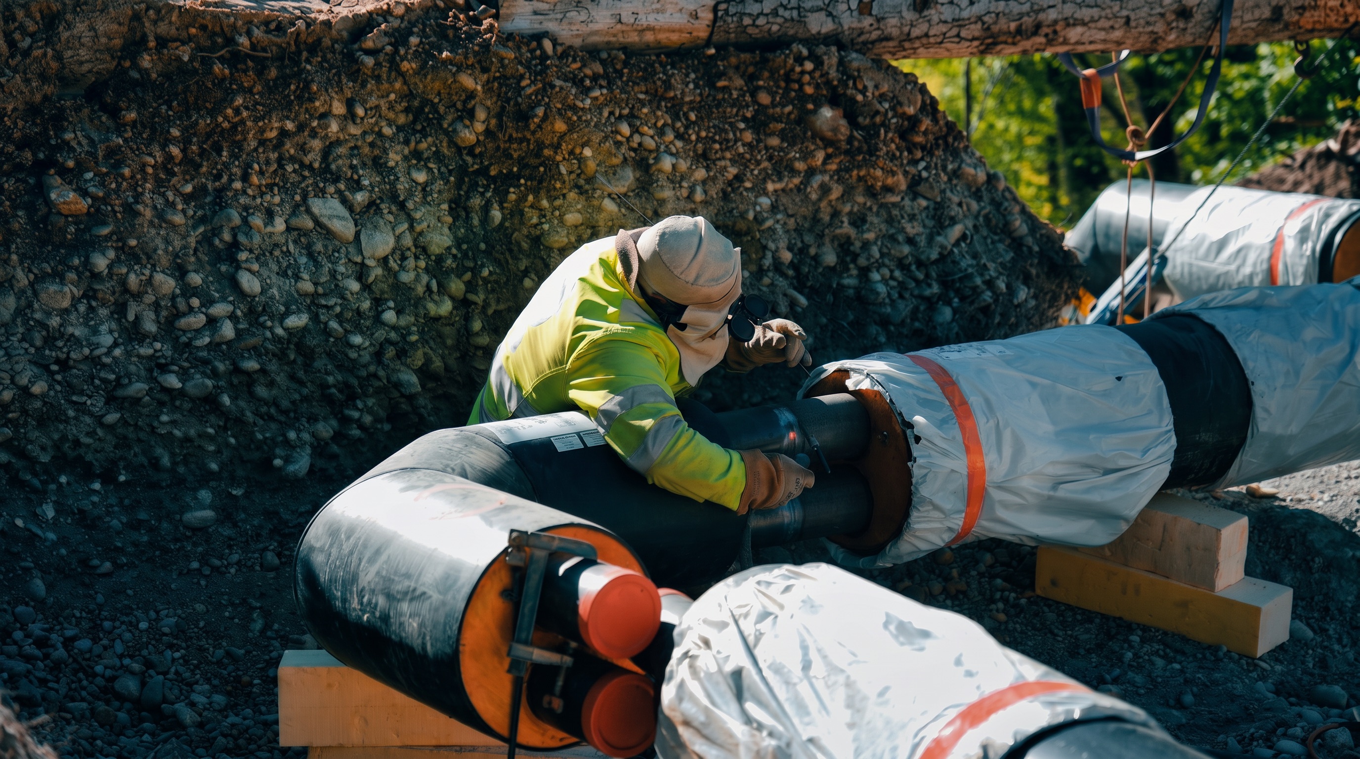 Arbeiter in Schutzkleidung überprüft isolierte Rohre auf einer Baustelle im Freien.