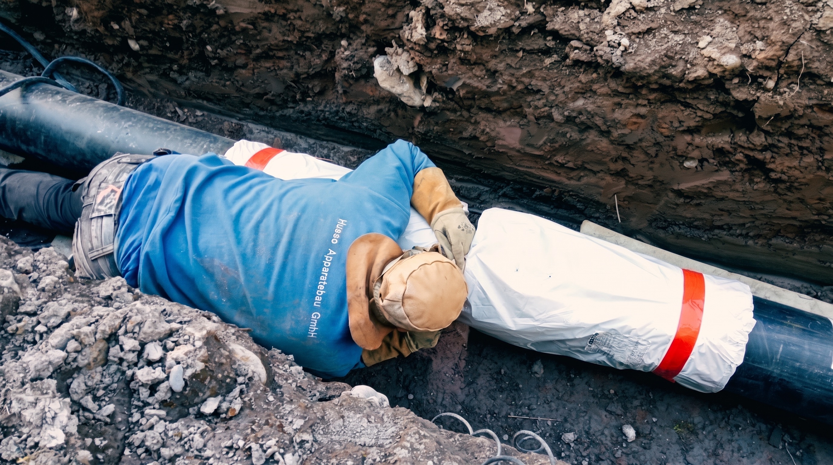 Arbeiter in blauer Jacke verlegt großen Rohrrücken im Erdloch bei Bauarbeiten.
