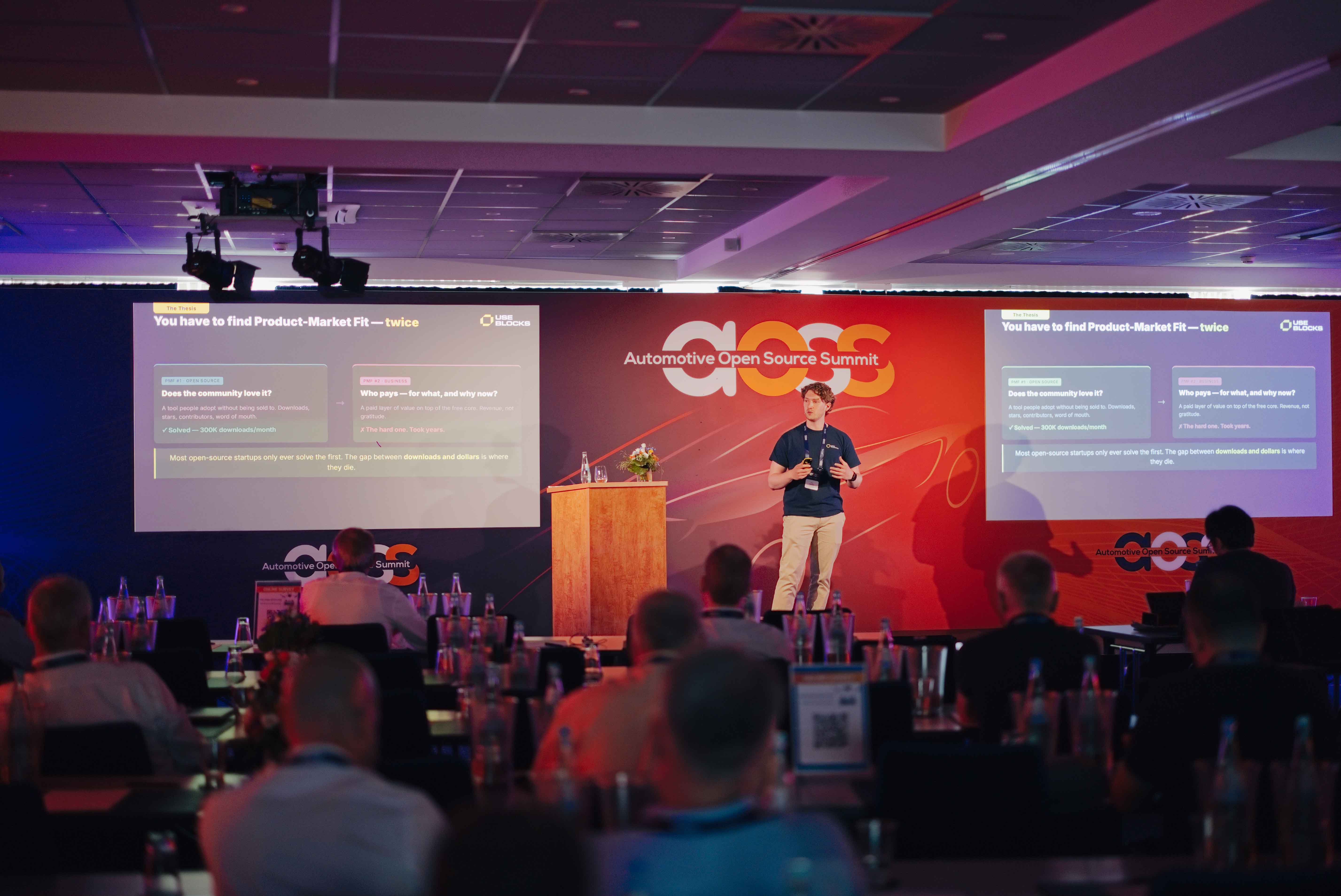Spreker op het podium van de Automotive Open Source Summit in Starnberg
