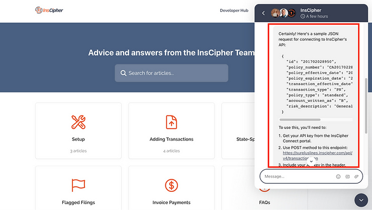 Screemshot of Support Articles and Chatbot