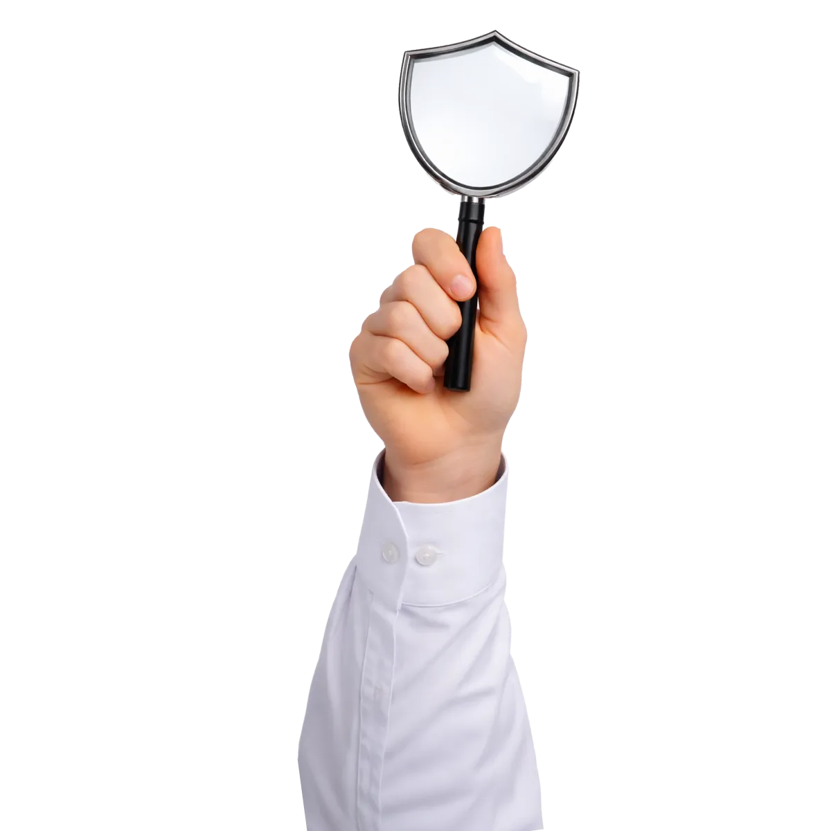 Hand houdt een schildvormig vergrootglas omhoog, symbool voor privacy en toezicht op persoonsgegevens