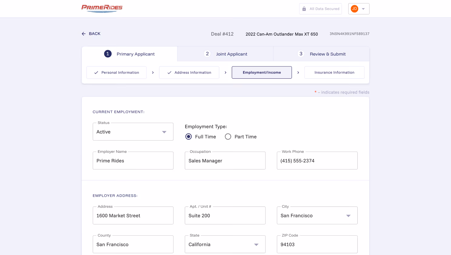 Digital credit application form for powersports dealers