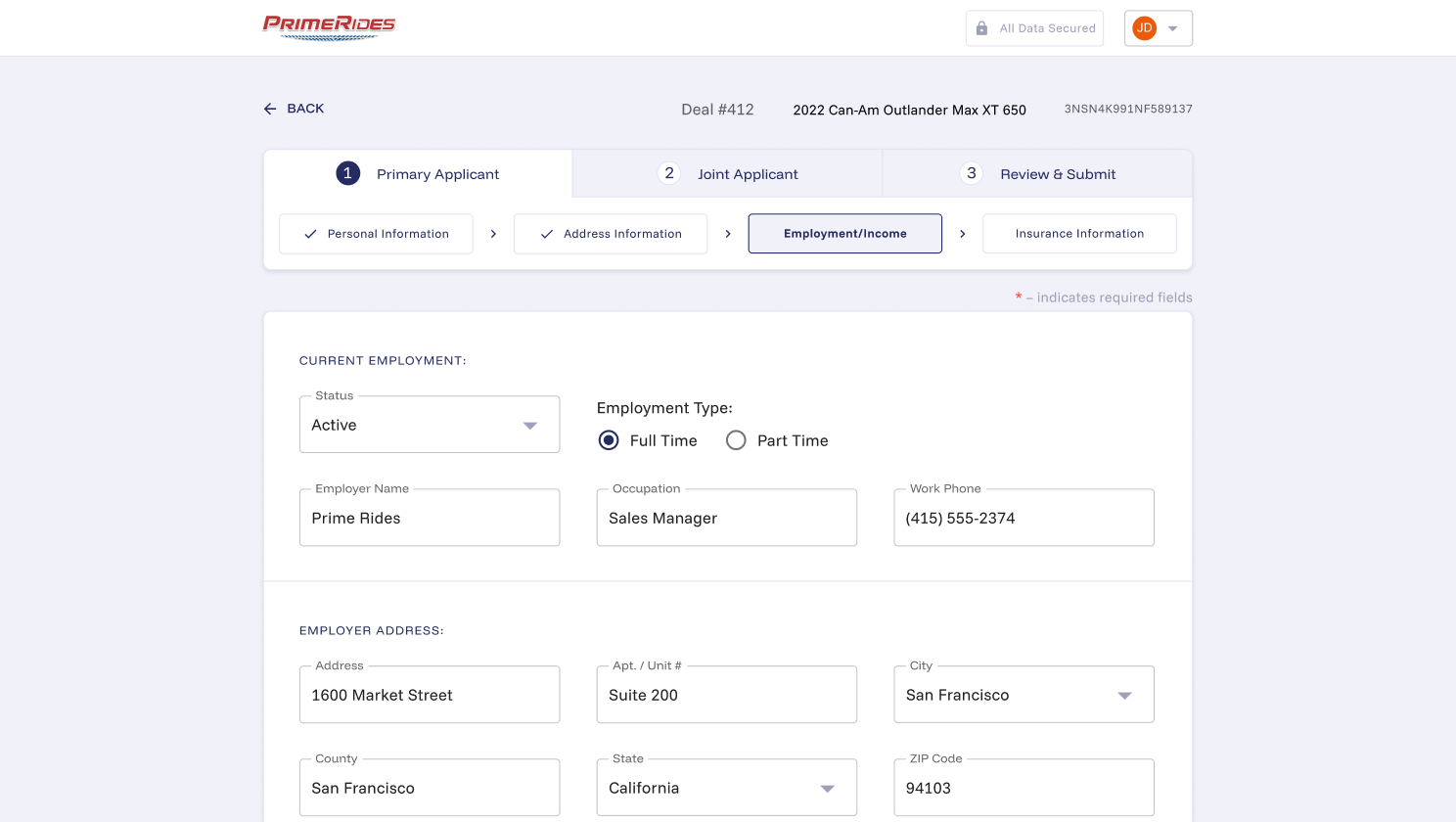 Digital credit application form for powersports dealers