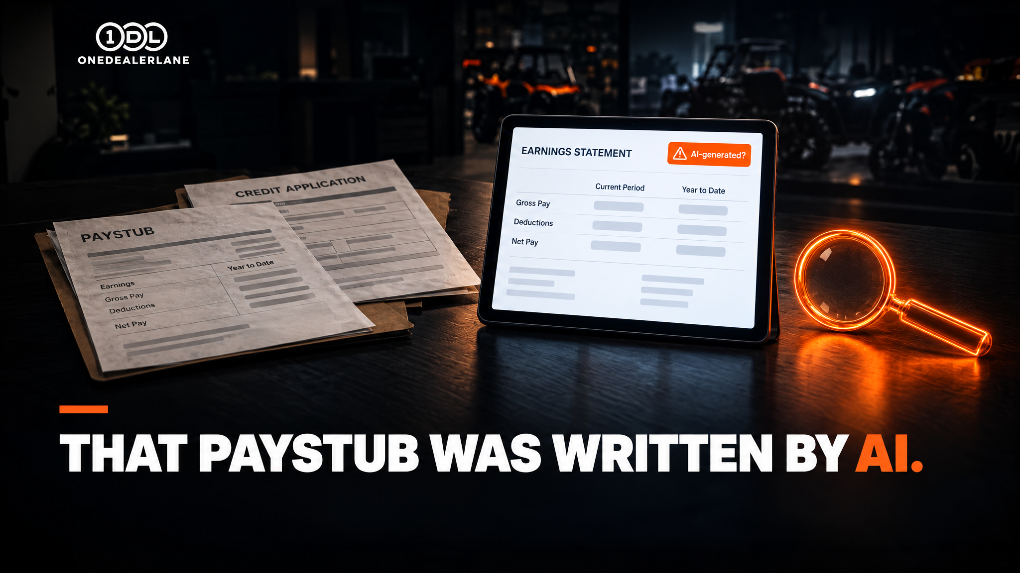 Dealership desk at night with a paper paystub and credit application, a tablet showing an earnings statement flagged as possibly AI-generated, and a glowing orange magnifying glass.