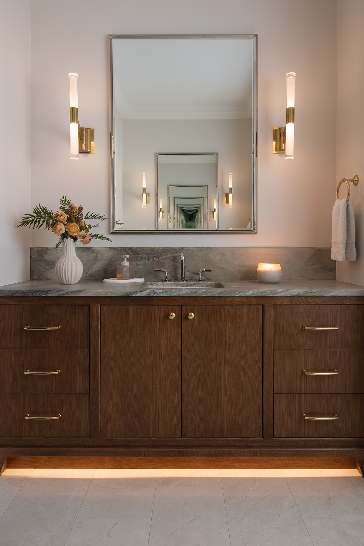 primary bathroom design vanity with lighting