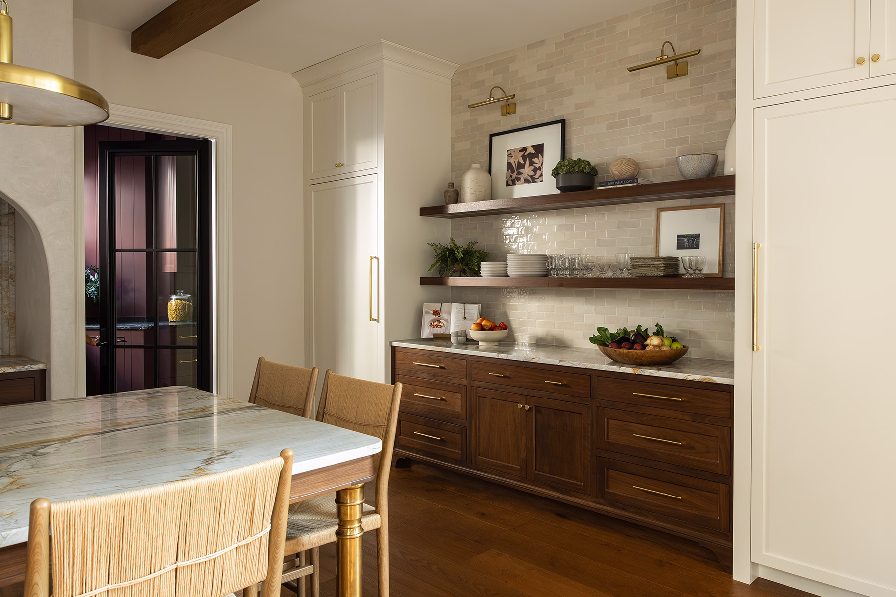 open concept shelving in kitchen remodel with walnut cabinetry