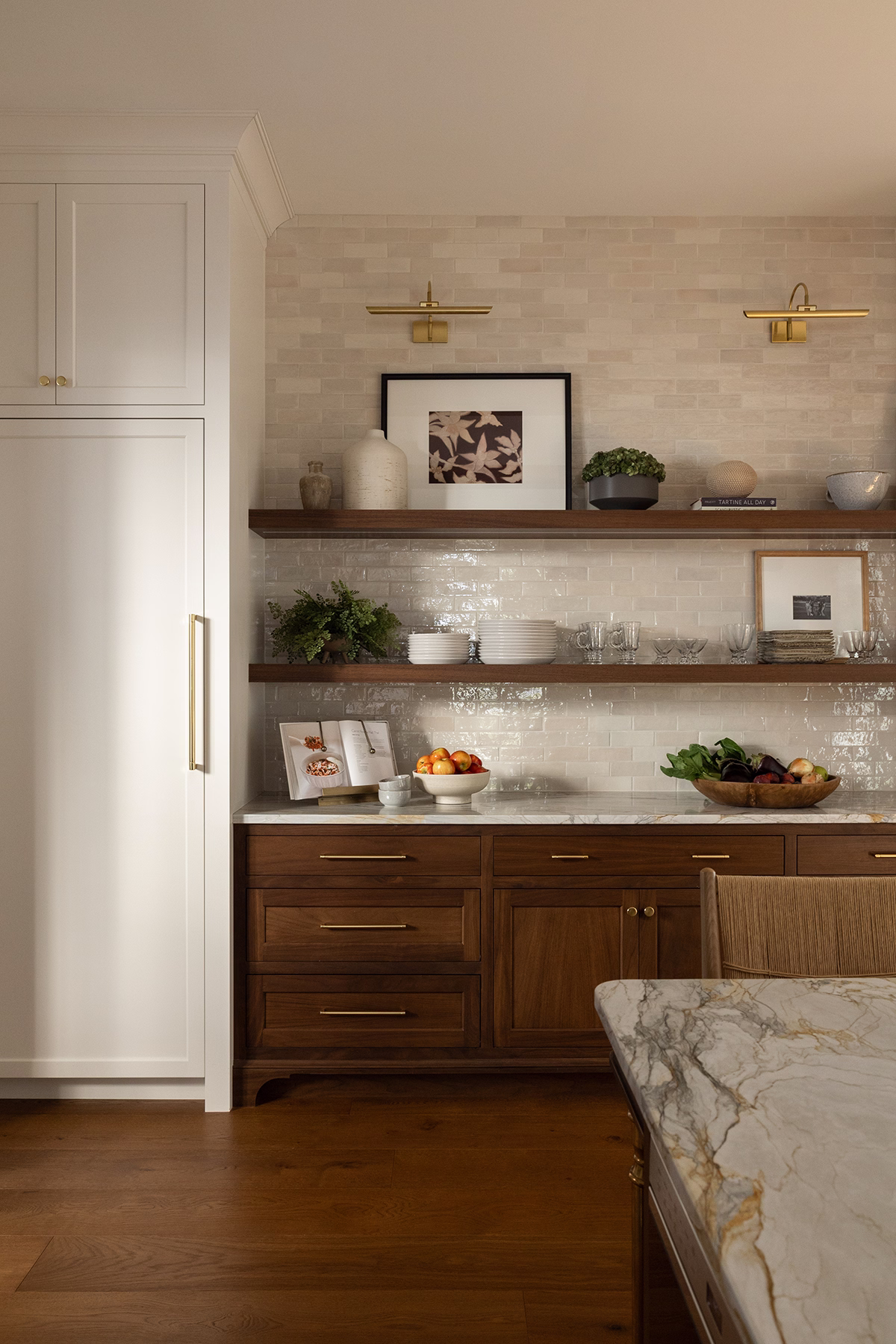 walnut shelving in kitchen remodel