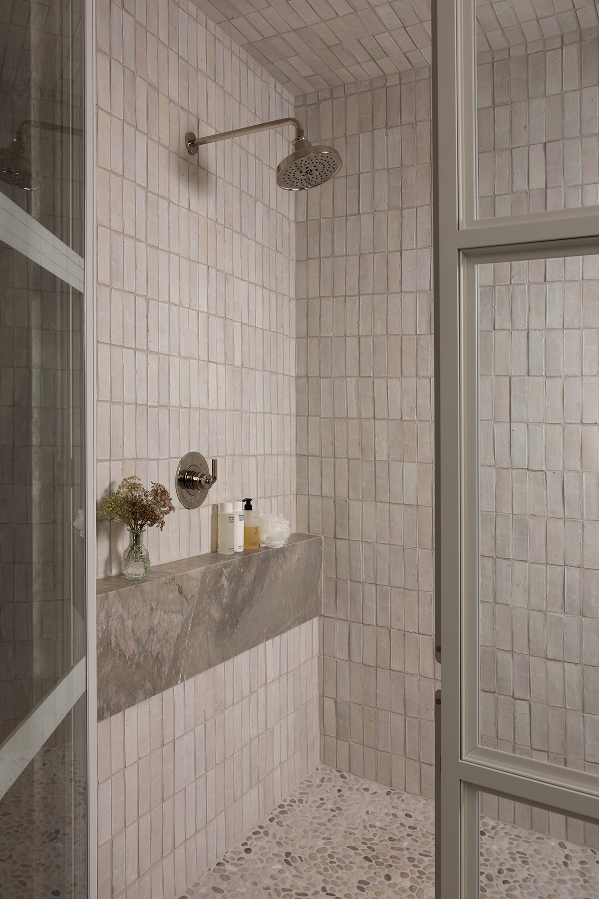 primary bathroom, shower zellige tile with dual shower heads