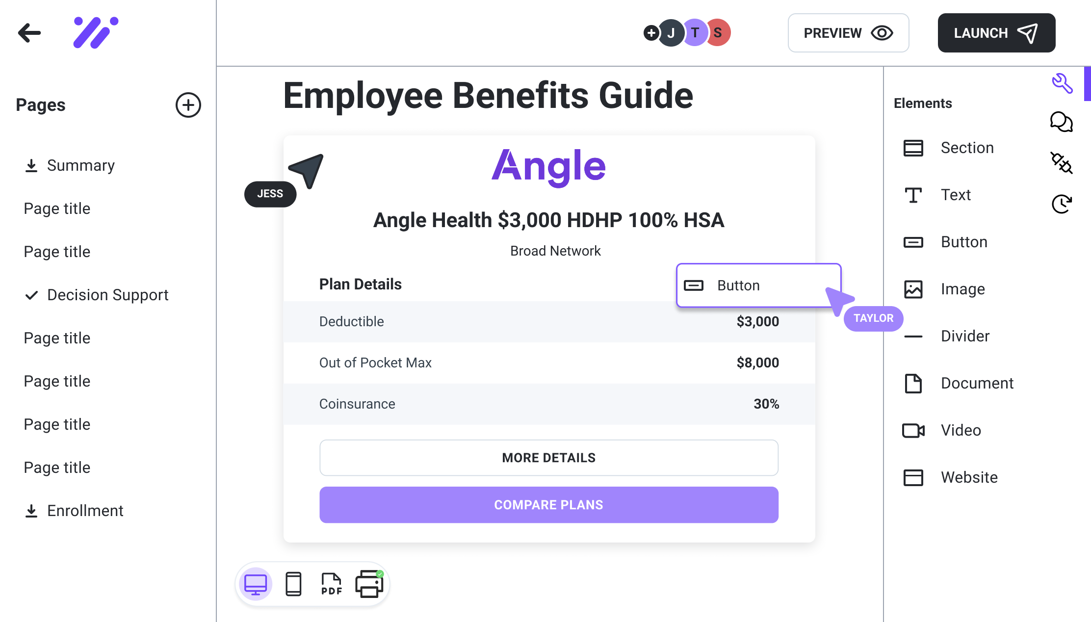 Brite Benefit Guide on desktop and mobile with transparent header, pages panel, and Assistant chat input