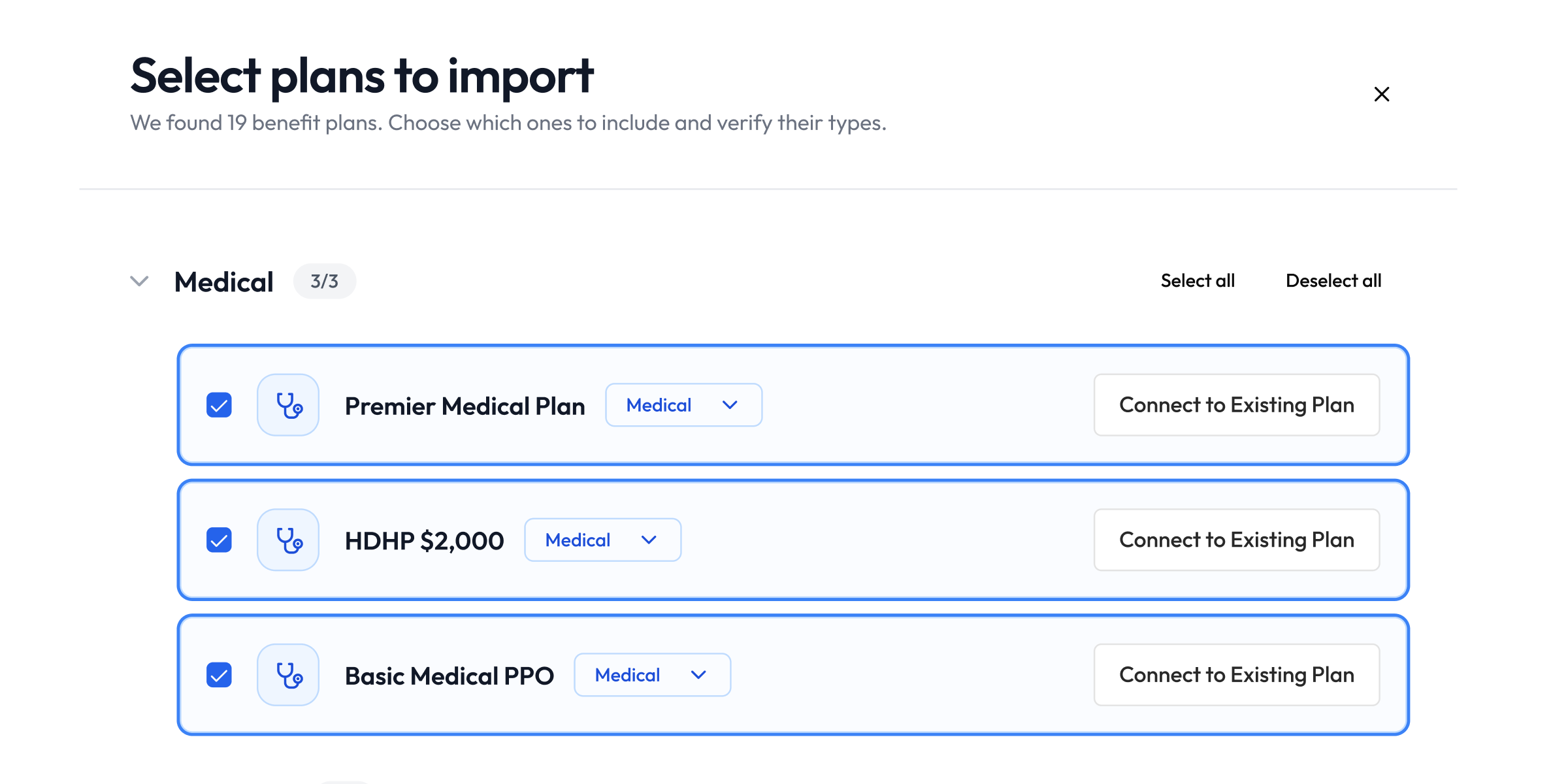 Selecting benefit plans to import from plan documents