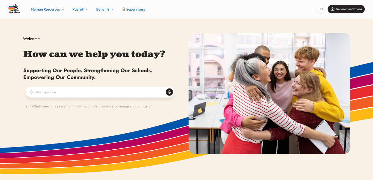 Employee-facing benefits microsite home page with header navigation, Assistant search, and announcement cards on desktop and mobile