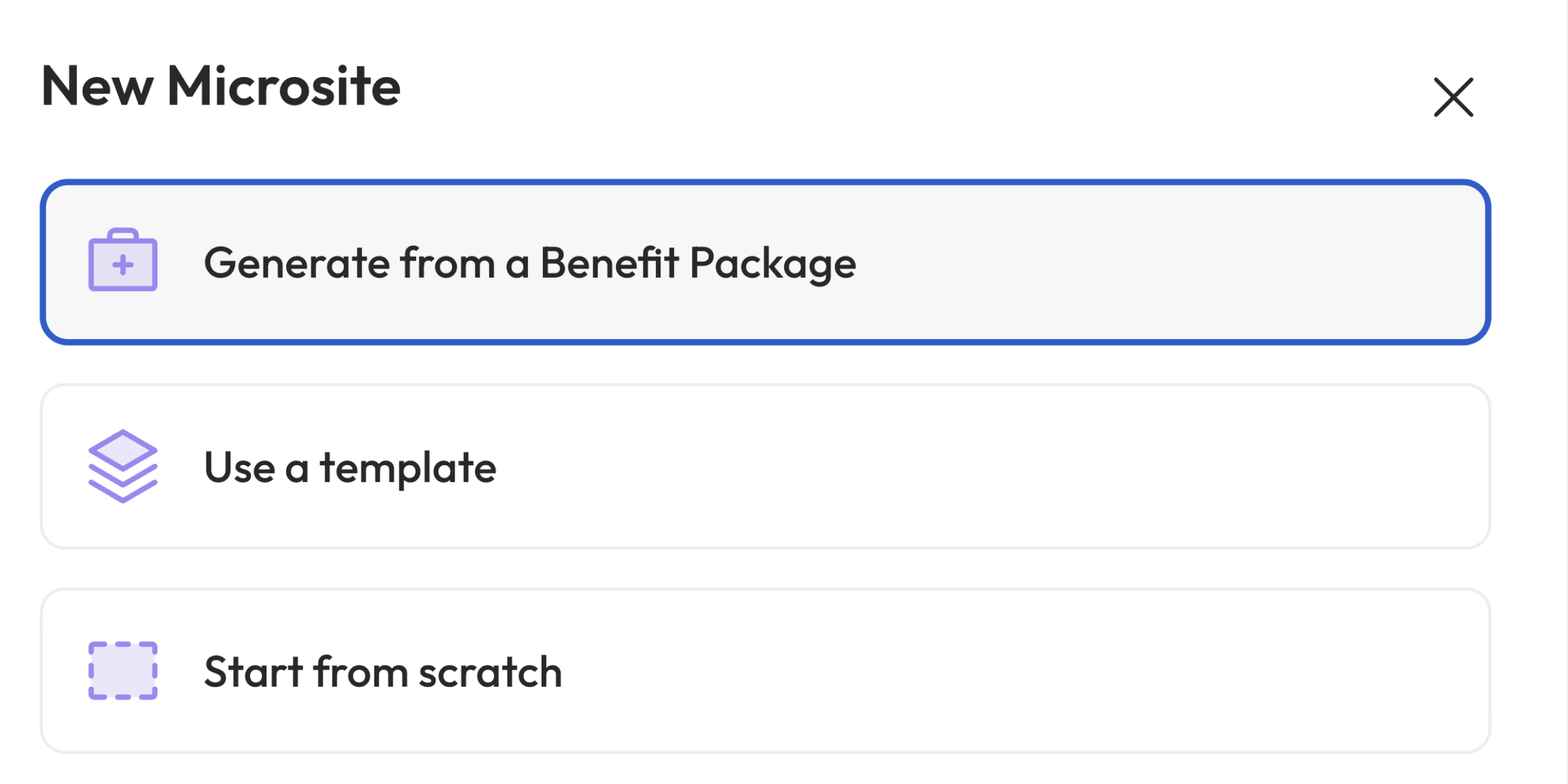 Creating a microsite from a template, a benefits package, or an existing guide